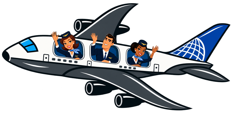 Retro airplane with three flight attendants waving — Class 2649